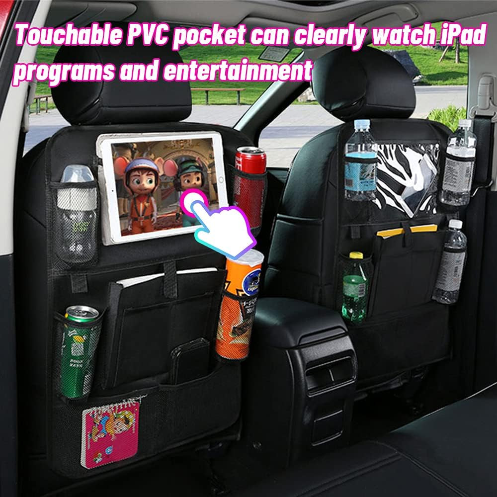 Car Backseat Organizer with 10.1'' Tablet Holder, 9 Storage Pockets, Waterproof & Durable Car Storage, Road Trip Essentials for Kids, Black, 2 Pack
