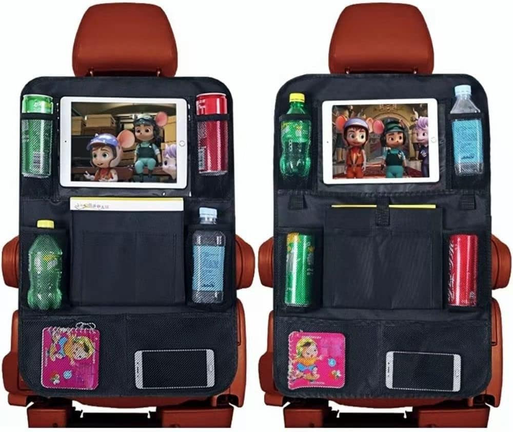 Car Backseat Organizer with 10.1'' Tablet Holder, 9 Storage Pockets, Waterproof & Durable Car Storage, Road Trip Essentials for Kids, Black, 2 Pack