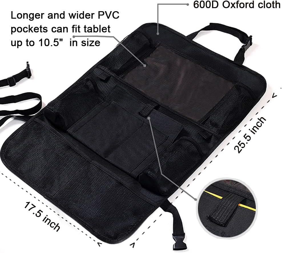 Car Backseat Organizer with 10.1'' Tablet Holder, 9 Storage Pockets, Waterproof & Durable Car Storage, Road Trip Essentials for Kids, Black, 2 Pack